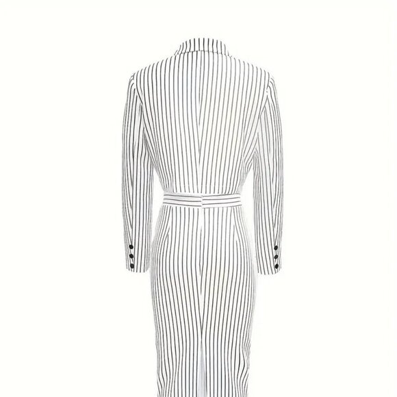 Three-Piece - Striped Print Crop Tube Top, Double Breasted Lapel Blazer & Skirt - Picture 5 of 6